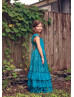 Teal Lace V Back Bohemian Ruffle Flower Girl Dress